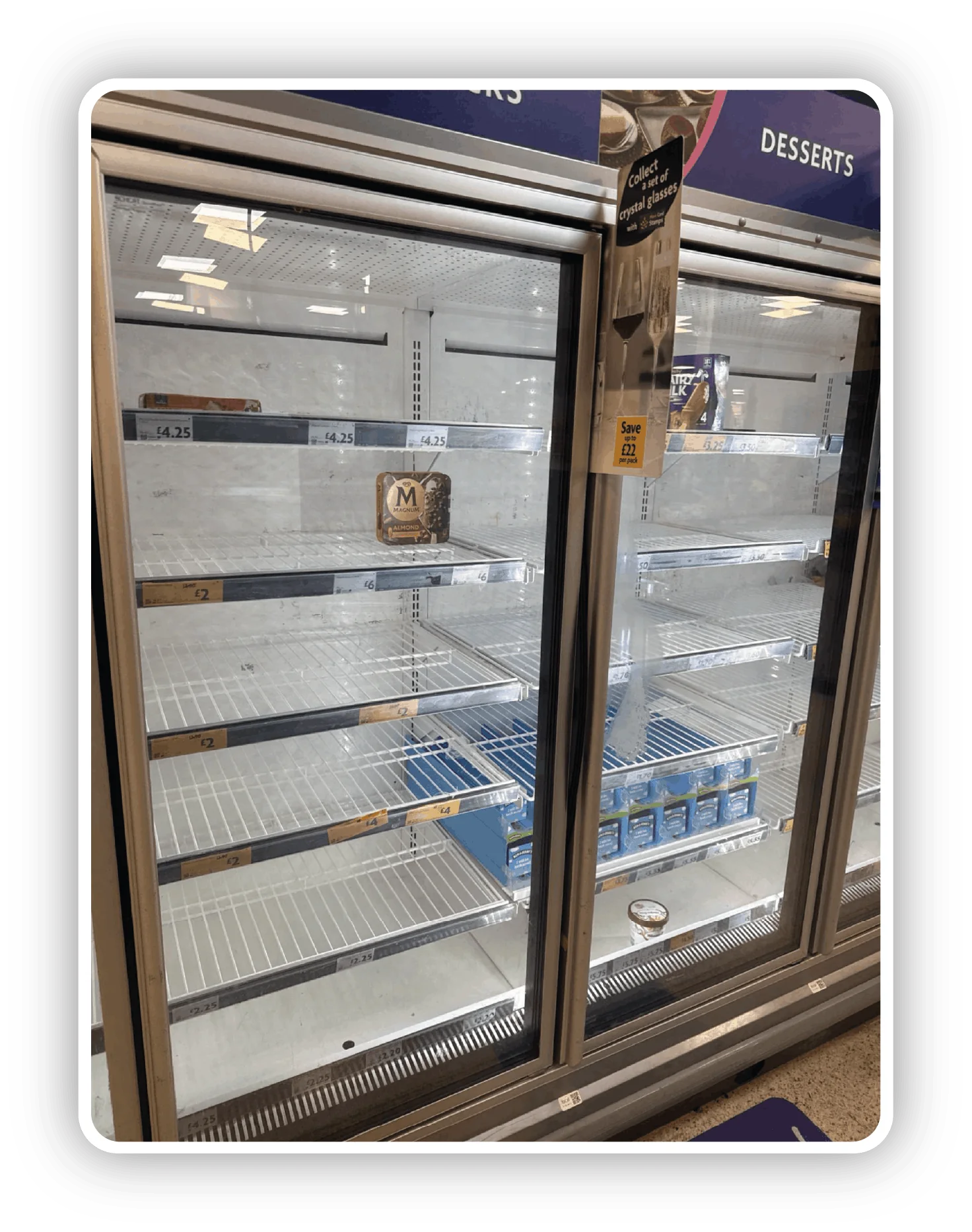 Near-empty desserts freezer during the UK heatwave audit
